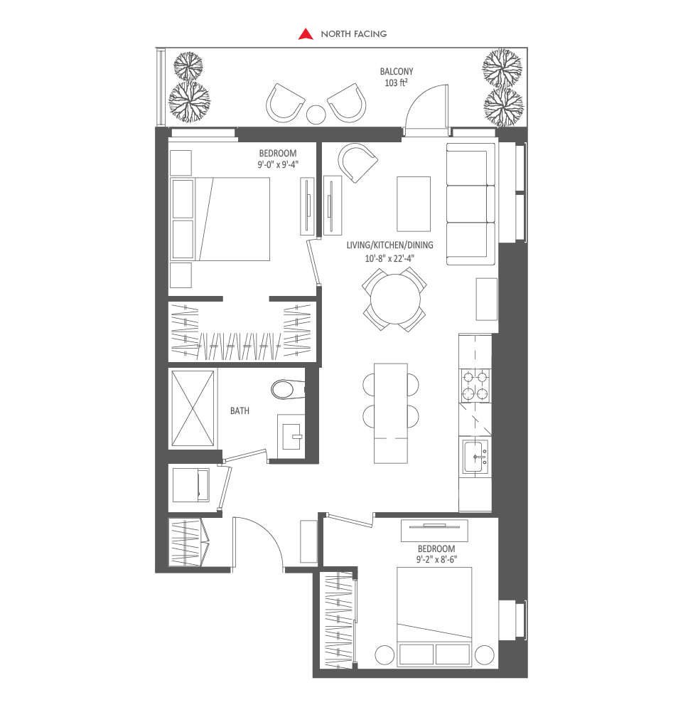 672 SQ FT - 2 Bedroom