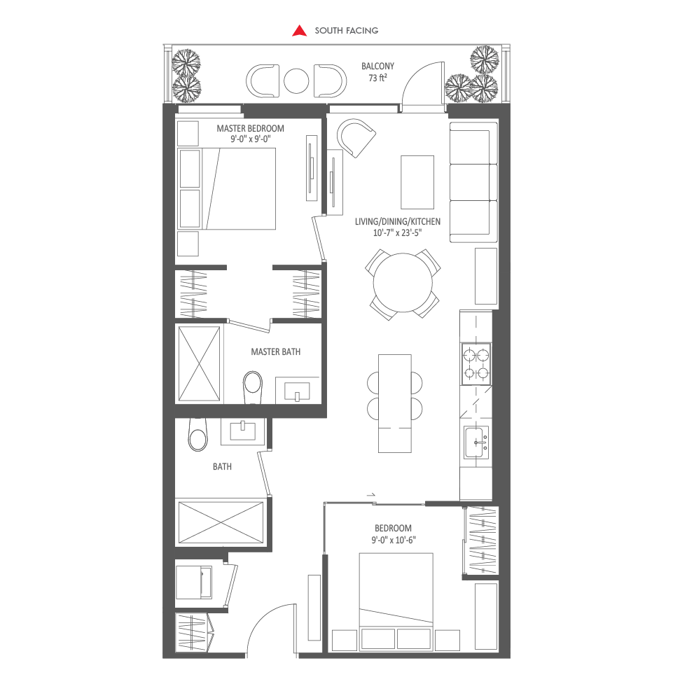 702 SQ FT - 2 Bedroom