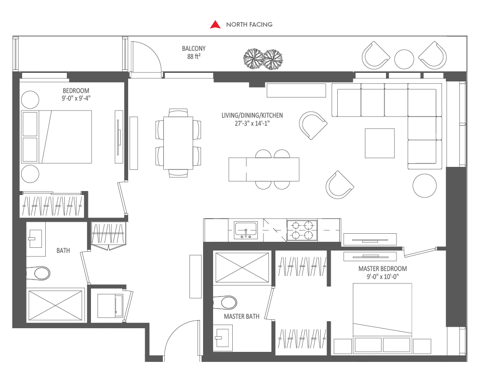 905 SQ FT - 2 Bedroom