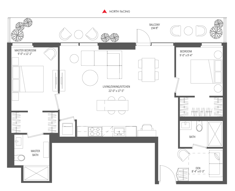 942 SQ FT - 2 Bedroom + Den