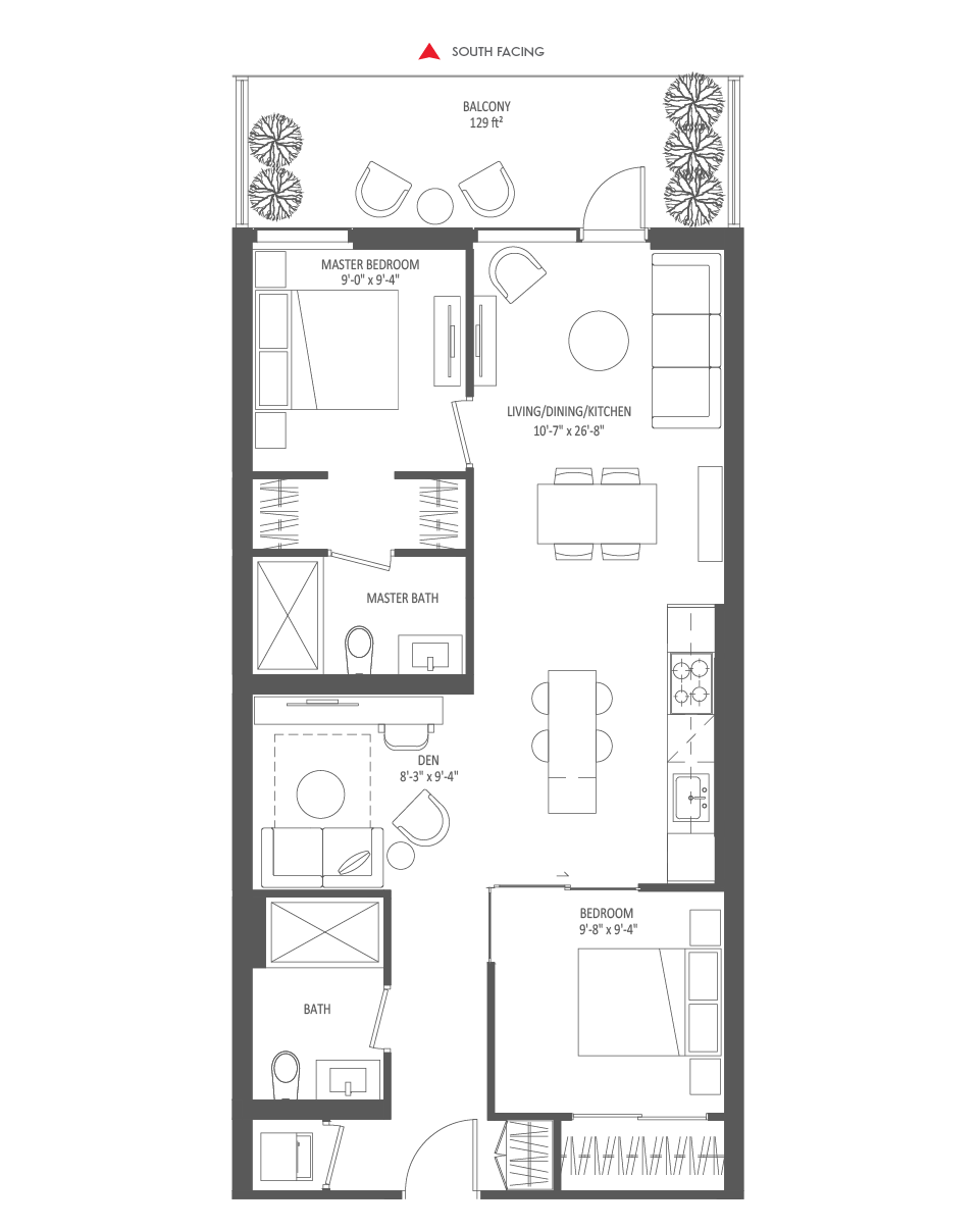 843 SQ FT - 2 Bedroom + Den