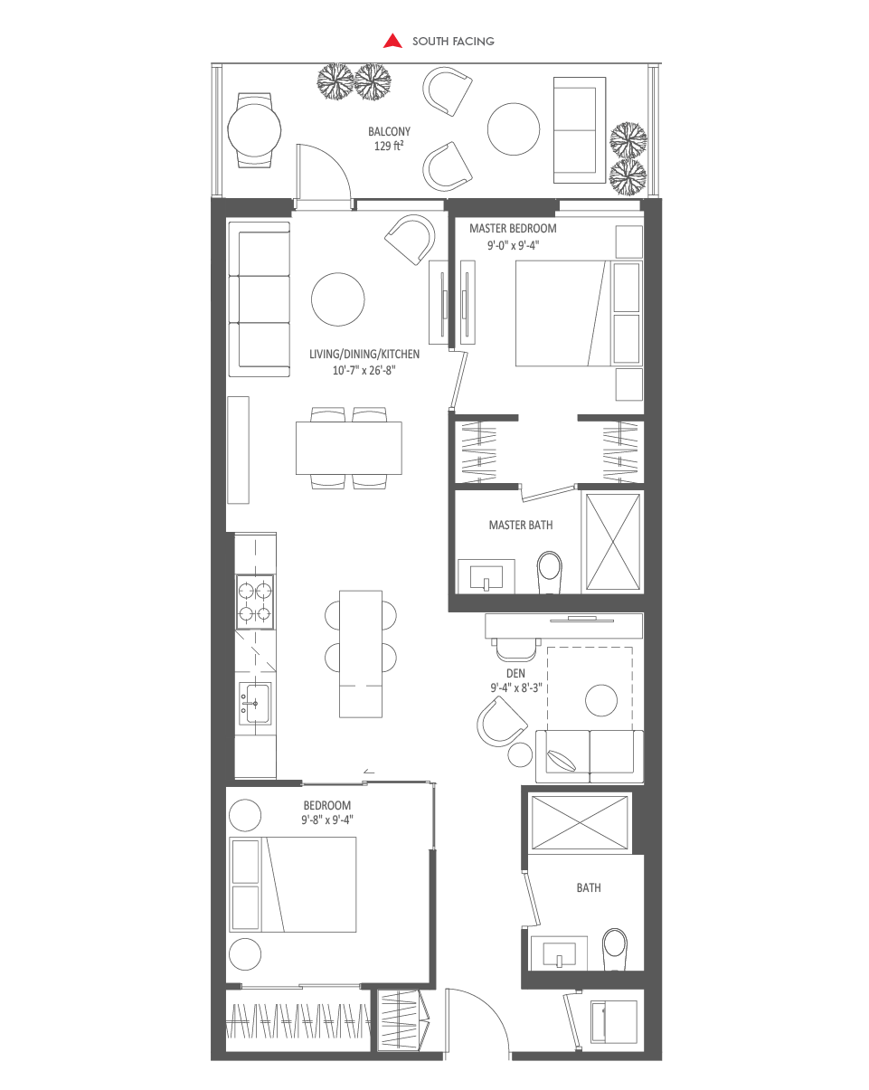 843 SQ FT - 2 Bedroom + Den