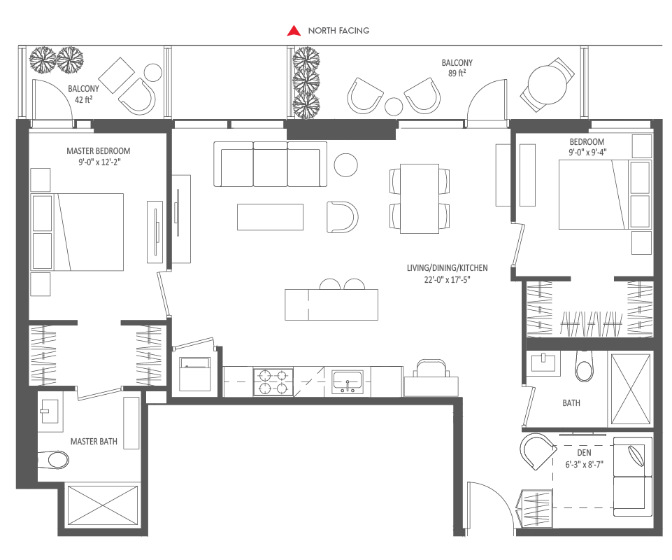942 SQ FT - 2 Bedroom + Den