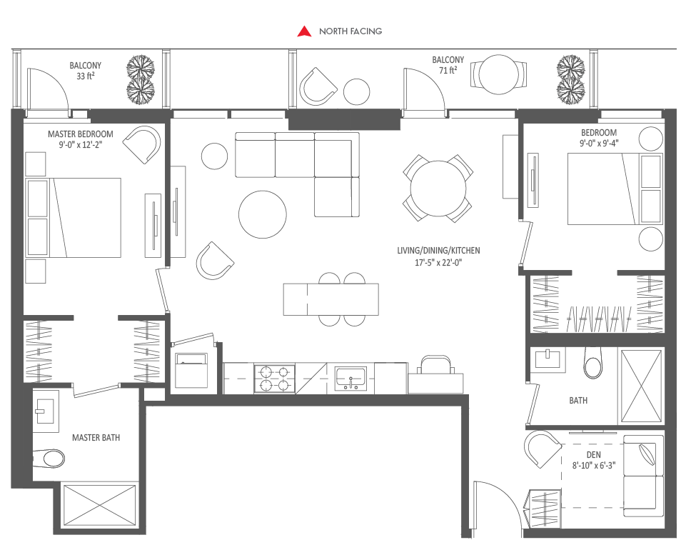 942 SQ FT - 2 Bedroom + Den