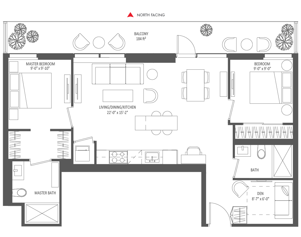 847 SQ FT - 2 Bedroom + Den