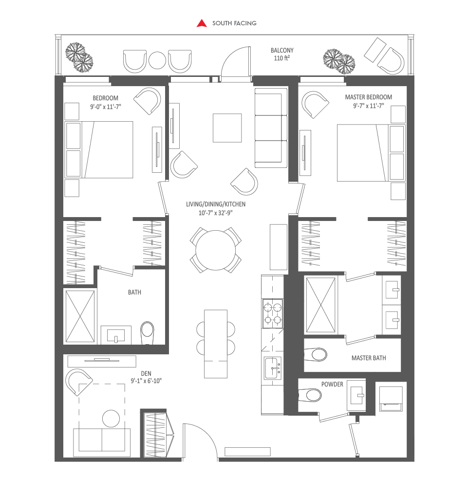 1058 SQ FT - 2 Bedroom + Den