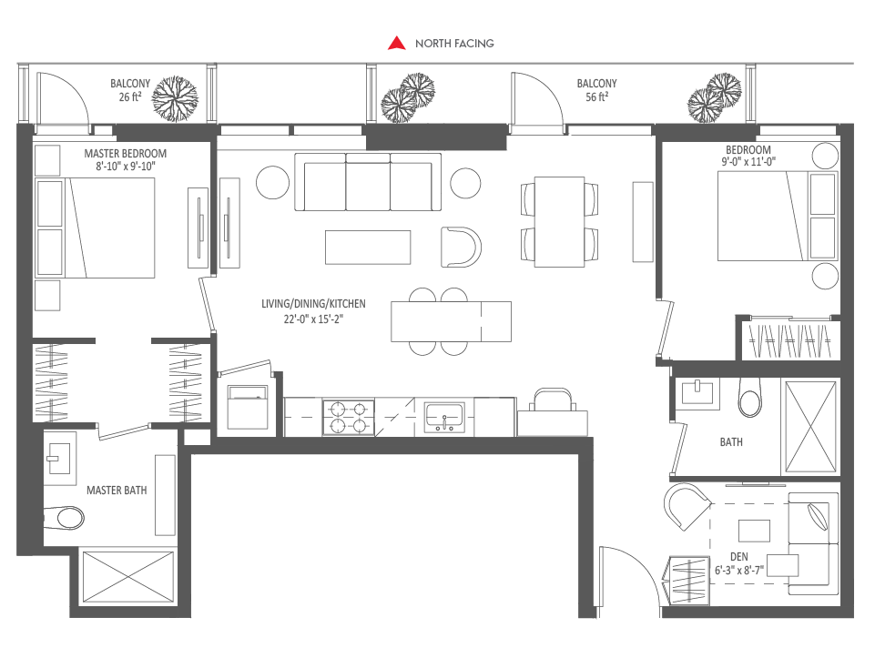 847 SQ FT - 2 Bedroom + Den